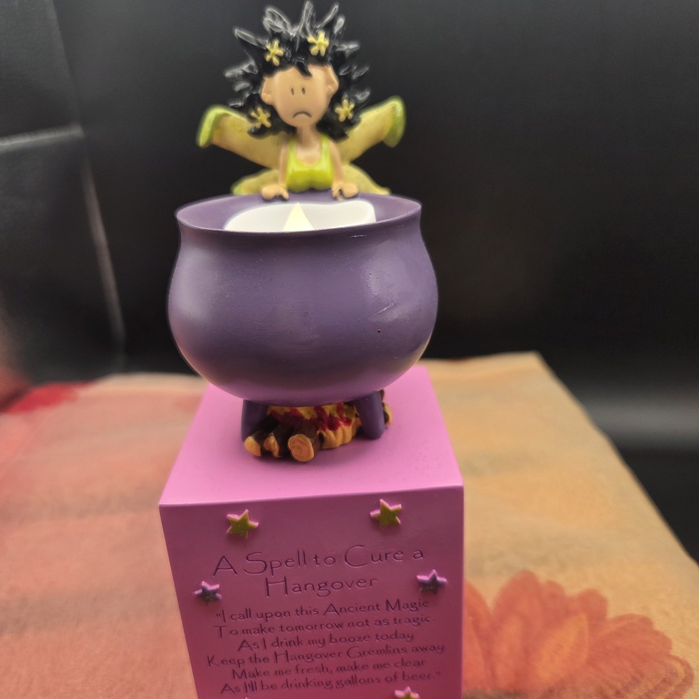 Resin Fairy Figurine Purple Cauldron LED Tea Light Pink Base VTG